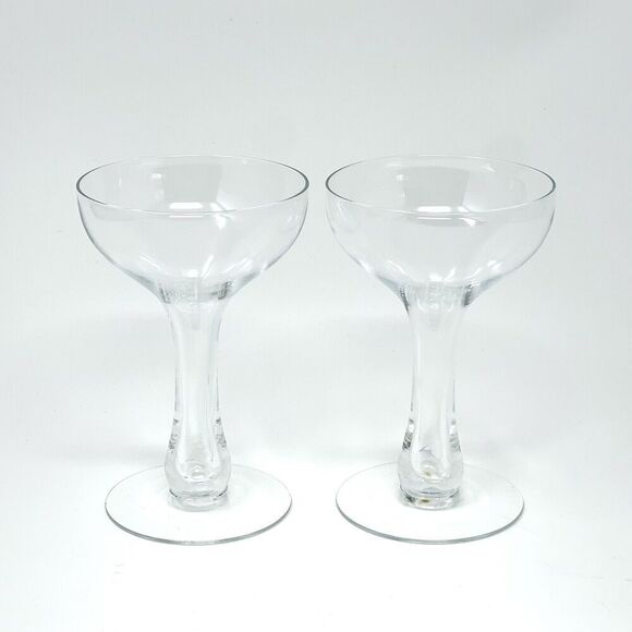 Hollow Stem Champagne Coupes Hand Blown Clear Glasses 5” Set Of 2 Vintage MCM - Picture 1 of 5